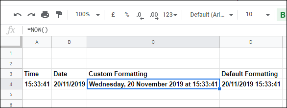 La función NOW en Google Sheets, con varias opciones de formato para mostrar la hora, la fecha o ambas
