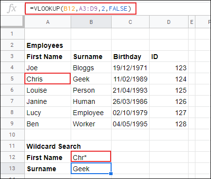 Los resultados de una búsqueda de VLOOKUP comodín de apellido utilizada en Google Sheets.