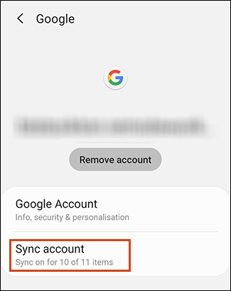 Botón de sincronización de cuenta en el área de configuración de la cuenta de Android