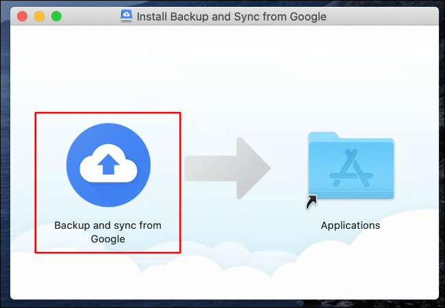 En el instalador de Copia de seguridad y sincronización de Google Drive para Mac, arrastre el icono Copia de seguridad y sincronización de Google al icono de la carpeta Aplicaciones a la derecha