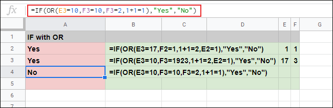 La función SI con una fórmula OR anidada que proporciona varios argumentos que dan como resultado respuestas VERDADERAS y FALSAS en una hoja de cálculo de Google Sheets.