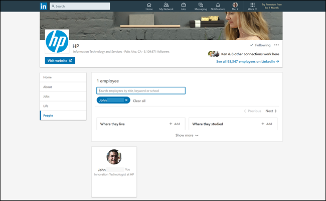 Listado de empleados de HP en linkedin, que muestra nuestro perfil falso como empleado.