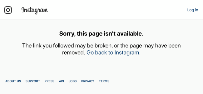 Instagram muestra la página no encontrada para la cuenta de Instagram temporalmente deshabilitada