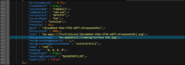 Archivo de configuración json del terminal de Windows, que muestra una opción de fondo personalizada.