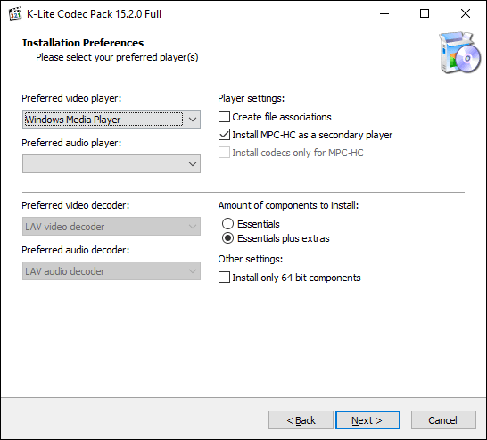 Seleccione su reproductor de video preferido en el instalador de K-Lite, luego haga clic en Siguiente