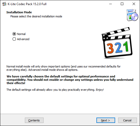 Abra el instalador del códec K-Lite, seleccione su modo de instalación, luego haga clic en Siguiente