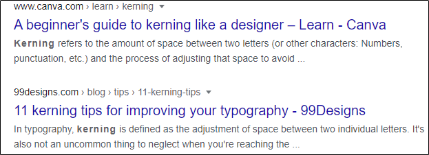 Resultados de "kerning" en la Búsqueda de Google.