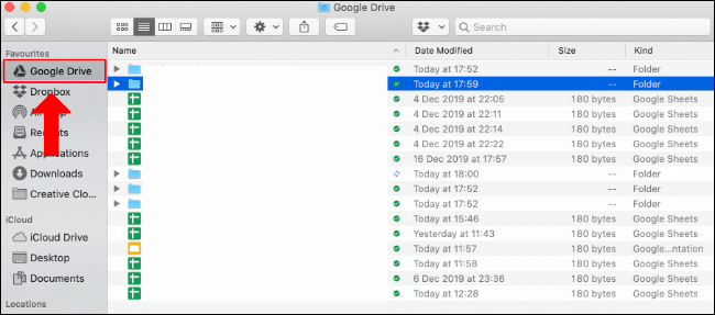 La carpeta de Google Drive en Finder en Mac