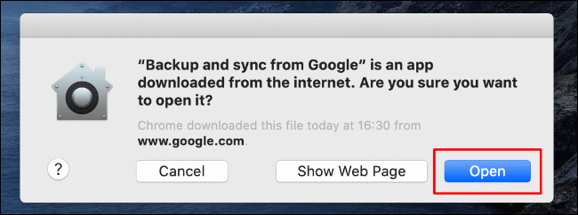 Haga clic en Abrir para permitir que Copia de seguridad y sincronización de Google Drive se inicie en su Mac