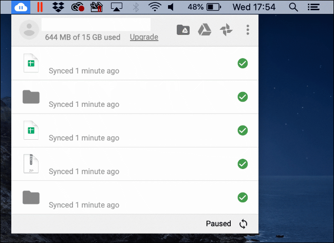 El icono de Google Backup and Sync en la barra de menú de Mac