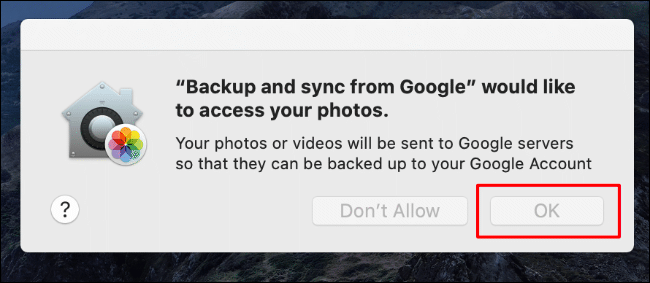 Haga clic en Aceptar para permitir el acceso a Copia de seguridad y sincronización a sus fotos; de lo contrario, haga clic en Aceptar