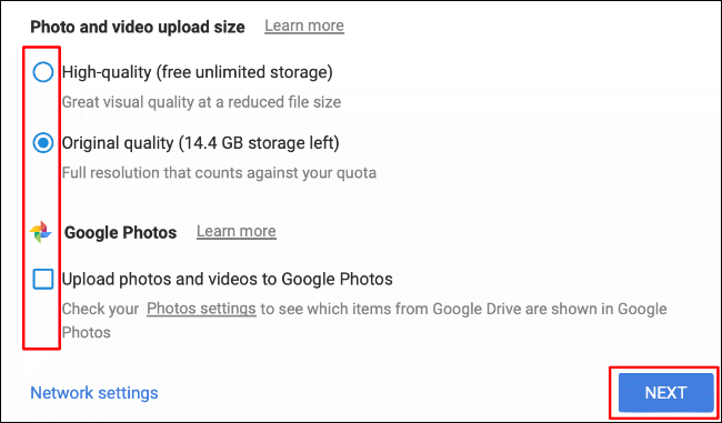 Elija el tamaño de carga de su foto y video y si desea cargar a Google Photos, luego haga clic en Siguiente