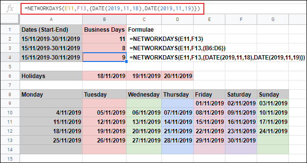 La función NETWORKDAYS en Google Sheets, calcula los días hábiles entre dos fechas e ignora el sábado y el domingo, con días festivos adicionales excluidos