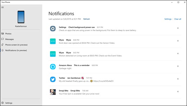 La aplicación Your Phone para PC muestra varias notificaciones de Wyze, Alexa, la configuración de Android y Twitter.