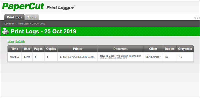 Un ejemplo de un registro de impresión dentro de la página de administración de PaperCut Print Logger