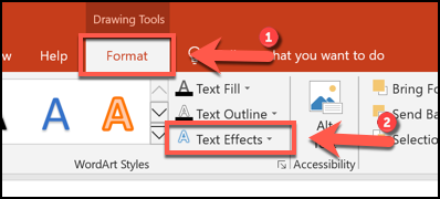 Haga clic en Formato> Efectos de texto para comenzar a curvar texto en PowerPoint