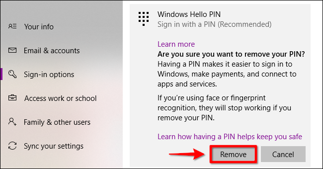 Eliminar el PIN de Windows Hello Paso 2