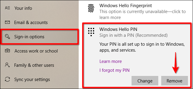 Eliminar el PIN de Windows Hello