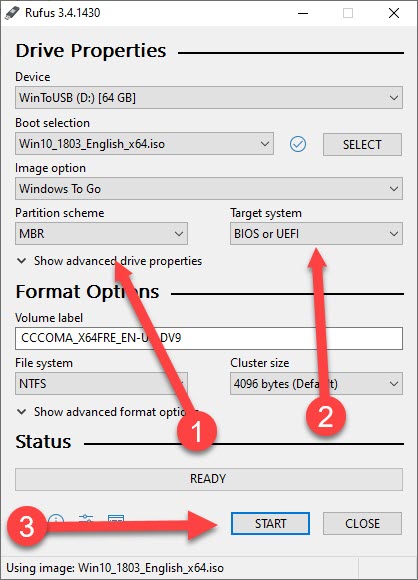 Cuadro de diálogo Rufus con MBR, Bios o UEFI y botón de inicio llamado