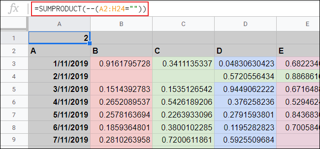 La función SUMPRODUCT contando celdas vacías en Google Sheets