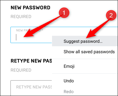 Haga clic con el botón derecho en el campo de contraseña y luego haga clic en "Sugerir contraseña".