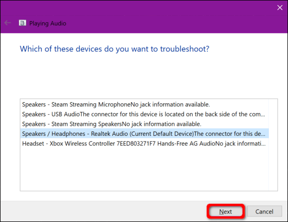 Seleccione el dispositivo de audio para solucionar problemas