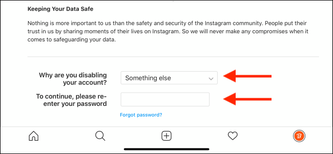 Selecciona el motivo e ingresa tu contraseña de Instagram