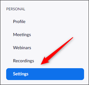 Pestaña de configuración en el panel de la izquierda del portal Zoom