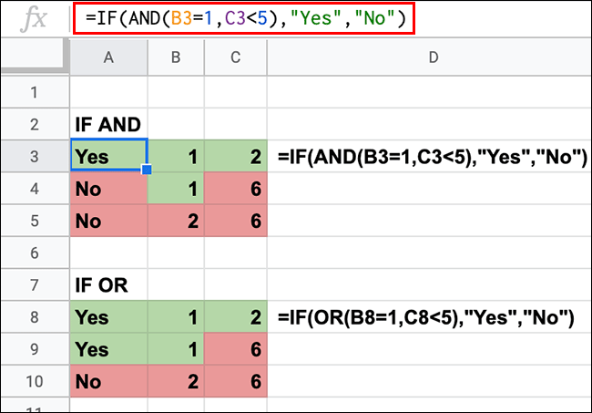 Una hoja de cálculo de Google Sheets que muestra declaraciones IF con funciones anidadas AND y OR