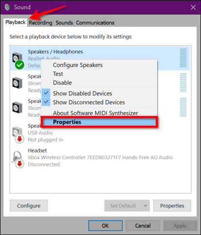 Propiedades del dispositivo de audio del panel de sonido