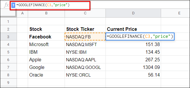 Lista de fichas de acciones de Google Finance Sheets