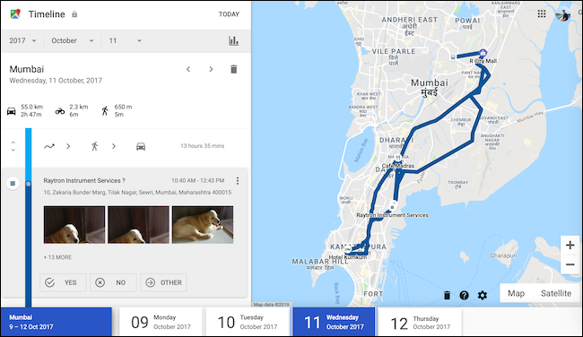 Eche un vistazo a los datos del historial de ubicaciones de un día determinado en la vista de línea de tiempo de Google Maps