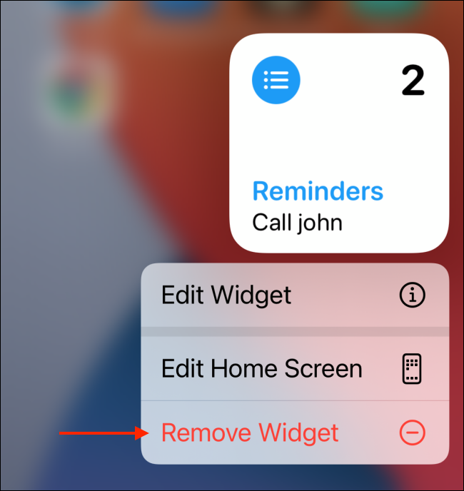 Toque Eliminar widget de las opciones del widget