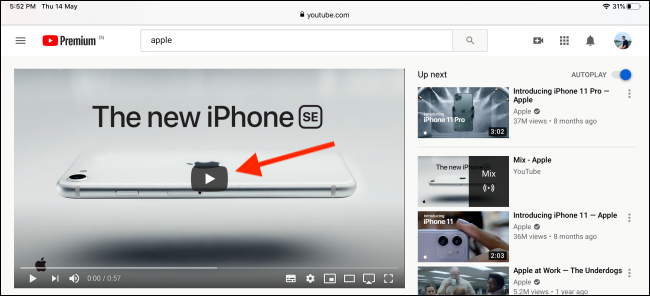 Toque el botón Reproducir para reproducir el video en Safari