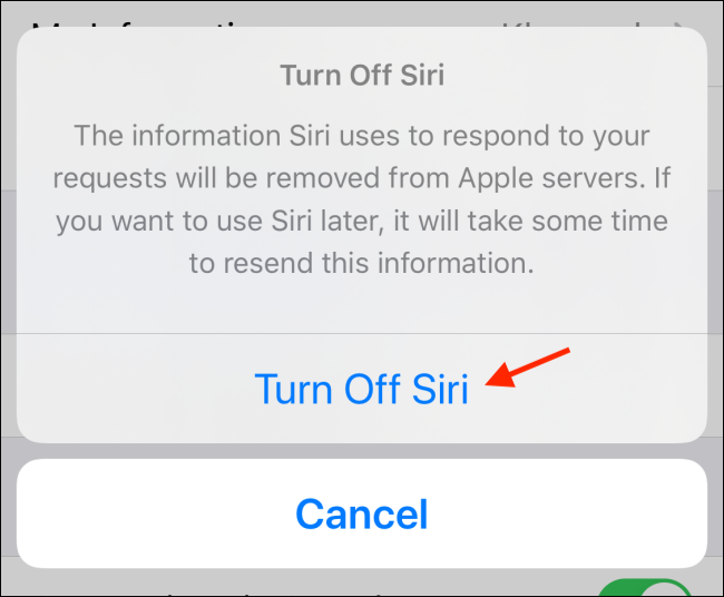 Toque la opción Desactivar Siri