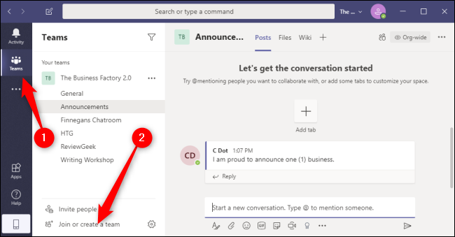 Botón Crear o unirse a equipos