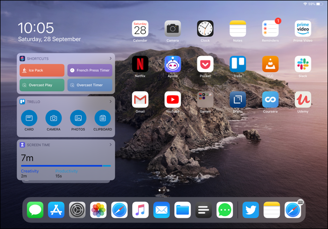 Widgets que se muestran en la pantalla de inicio del iPad Pro en vista horizontal