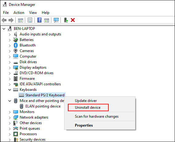 Haga clic con el botón derecho en su teclado o mouse en el Administrador de dispositivos de Windows, luego haga clic en Desinstalar dispositivo