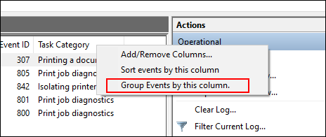 En la lista de registros del Visor de eventos, haga clic con el botón derecho en Categoría de tarea y, a continuación, haga clic en Agrupar eventos por esta categoría