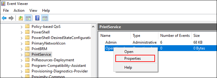 En la categoría Servicios de impresión, haga clic con el botón derecho en la configuración operativa y, a continuación, haga clic en Propiedades