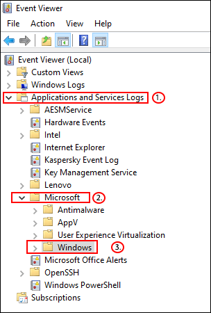 En el Visor de eventos, haga clic en Registros de aplicaciones y servicios> Microsoft> Windows.