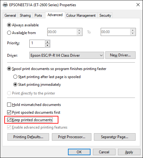 Haga clic en la pestaña avanzada en la configuración de su impresora y active la casilla de verificación mantener documentos impresos