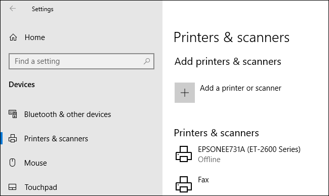 Acceda a la configuración de su impresora de Windows haciendo clic con el botón derecho en el botón del menú Inicio, luego en Configuración, luego en Dispositivos> Impresoras y escáneres