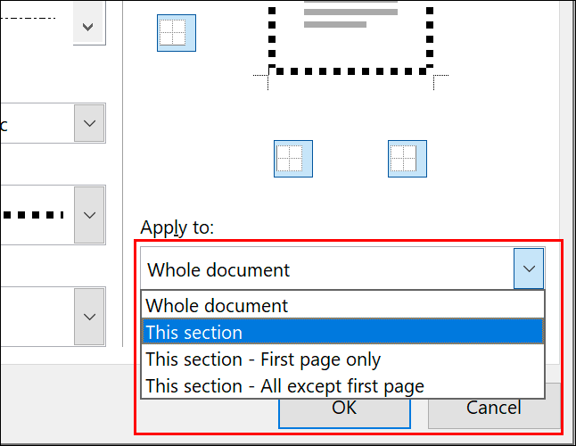 Para aplicar un borde de página a páginas individuales, seleccione la opción relevante en el menú desplegable "Aplicar a" en el menú de opciones de Bordes de página.