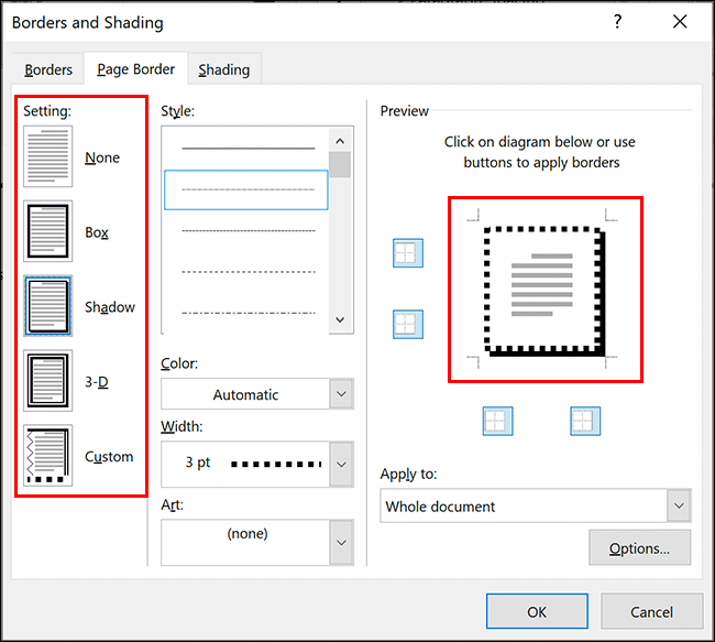 Seleccione su estilo de borde de Word haciendo clic en una de las opciones en la sección "Configuración" de la pestaña "Borde de página" en el cuadro de diálogo "Bordes y sombreado".