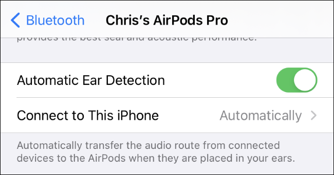 La configuración de "Conectar a este iPhone" para AirPods.