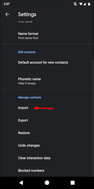 Menú de configuración de contactos de Android