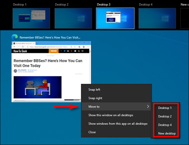 En Vista de tareas en Windows 10, haga clic con el botón derecho en una miniatura de la ventana y seleccione "Mover a".
