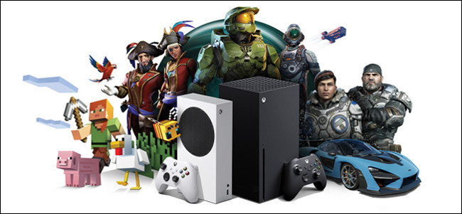 Consolas Xbox rodeadas de personajes de juegos de Xbox.