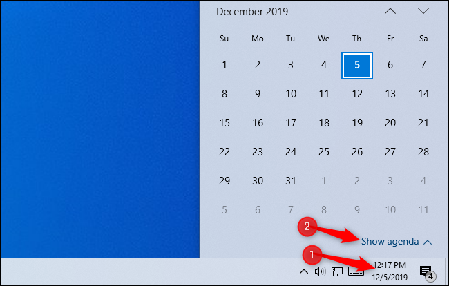 Mostrando la agenda en la ventana emergente del reloj de Windows 10.